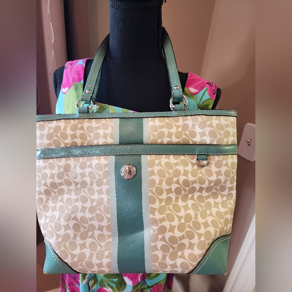 Coach leather tote, Teal with matching wallet